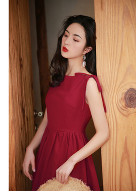 JUJU法式复古桔梗裙一字领酒红色中长裙油感画气质女神连衣裙夏季