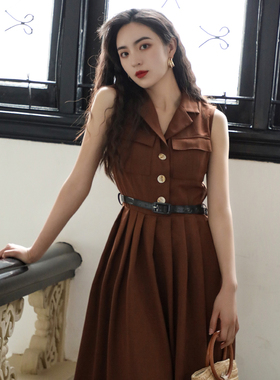 JUJU港风复古连衣裙西装领无袖工装裙子收腰显瘦浪漫气质新款夏季