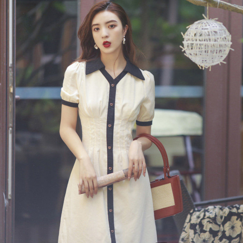 2024新款复古衬衫裙子收腰显瘦学院风法式茶歇温柔风连衣裙女夏季