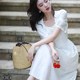 JUJU定制茶歇裙子法式 白色连衣裙复古短袖 方领教师通勤小白裙女夏