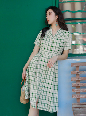 JUJU定制港风复古绿色格子连衣裙赫本风法式茶歇裙子显瘦优雅女夏