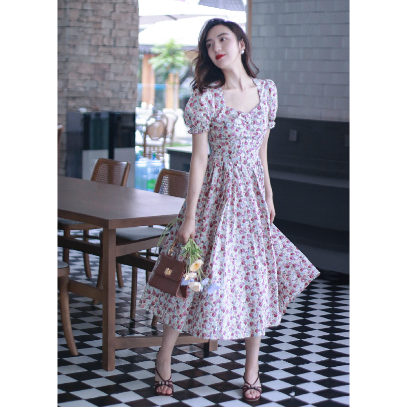 复古收腰显瘦短袖碎花田园公主裙