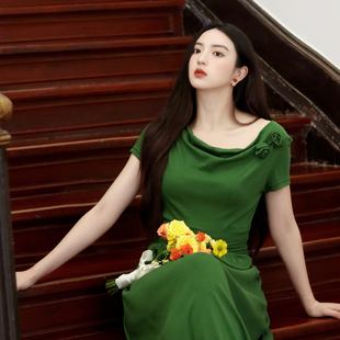 JUJU定制绿色法式 长裙显瘦裙女夏 气质天丝针织连衣裙荡领凉感修身