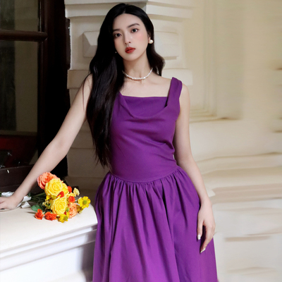 夏季巨好看紫色吊带连衣裙礼服裙
