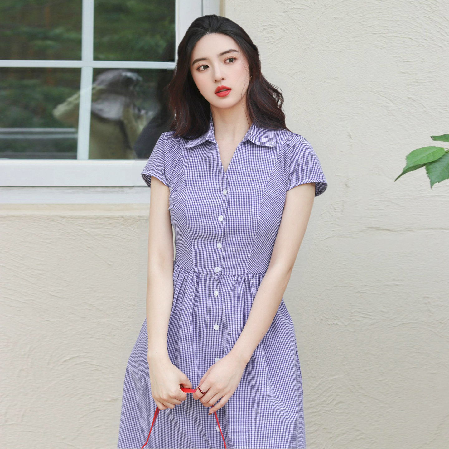 夏季格子v领衬衫收腰显瘦连衣裙