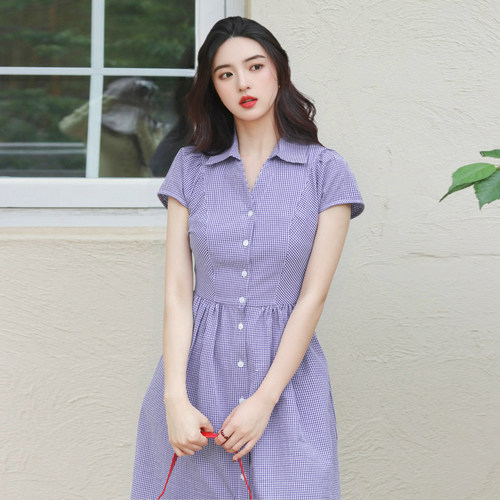 夏季格子v领衬衫收腰显瘦连衣裙