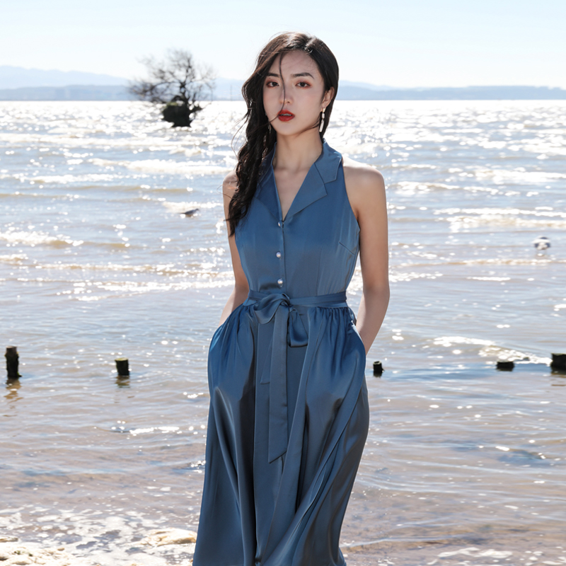 夏季法式蓝色裙子复古无袖连衣裙