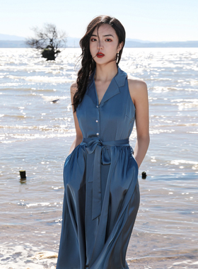 夏季新款裙子女法式复古显瘦无袖露肩缎面蓝色气质小众温柔连衣裙
