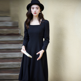 JUJU定制黑色长袖连衣裙弹力修身显瘦大摆气质内搭裙子女秋冬季