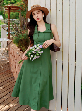 夏季港风复古绿色简约连衣裙性感双领收腰显瘦少女纯欲裙子女夏