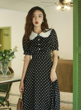 JUJU定制高级感法式复古收腰显瘦波点娃娃领雪纺连衣裙气质女夏季