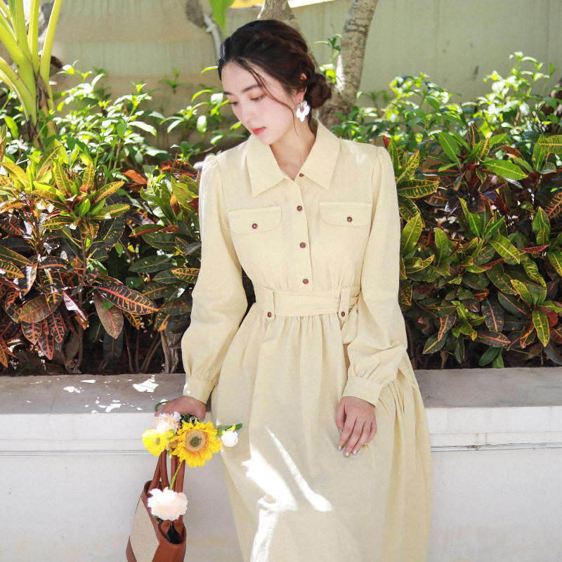 春季新款复古工装学院风长袖连衣裙大摆中长款打底裙法式衬衫裙女