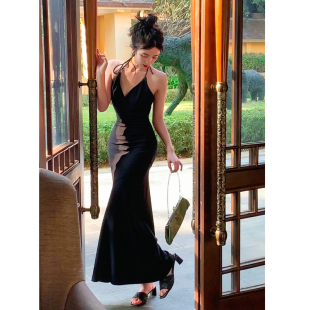 JUJU定制V领挂脖礼服茶歇连衣裙性感显瘦优雅鱼尾裙长款裙子春夏