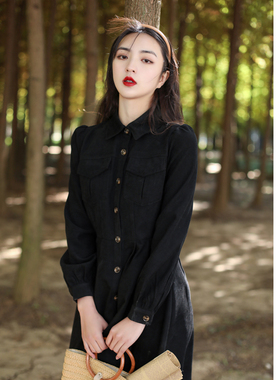 赫本风复古女装连衣裙显瘦衬衫领小个子长袖裙黑色工装短裙春秋款