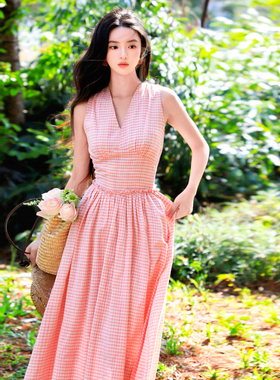 JUJU定制26夏季新款挂脖裙粉嫩格子法式度假长裙棉麻背心连衣裙女