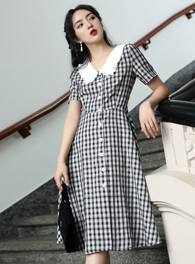JUJU定制法式复古文艺范黑白格子裙娃娃领显瘦连衣裙气质女夏季