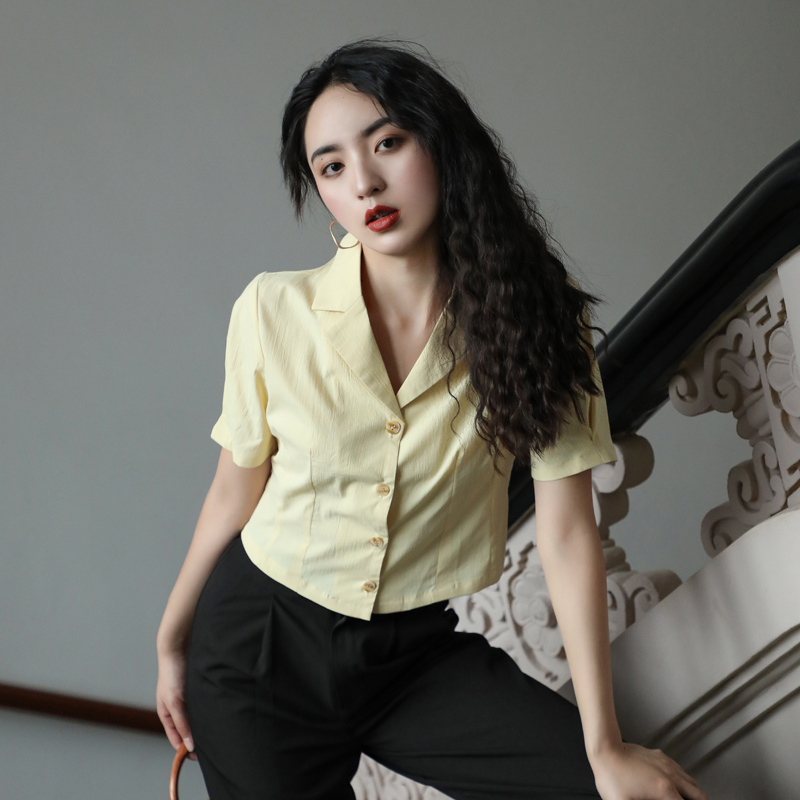 juju定制通勤西装领短袖衬衫港风