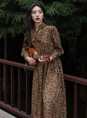 JUJU定制春秋季新款女装裙子收腰显瘦气质碎花长袖连衣裙文艺少女