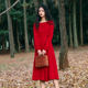 新款 女装 裙子法式 JUJU秋冬季 复古长袖 内搭打底红色礼服丝绒连衣裙