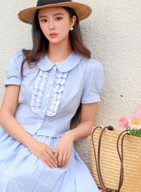 JUJU2026新款蓝色格子套装裙减龄短袖上衣甜美衬衫大摆半身裙女夏