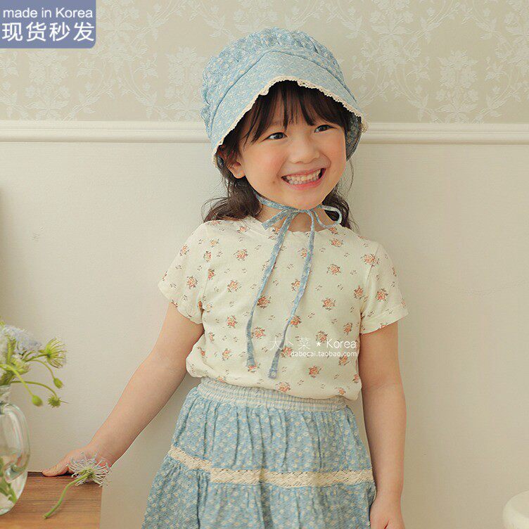 现货大卜菜AMBER韩国童装夏女花朵上衣柔软甜美薄亚麻棉短袖T恤