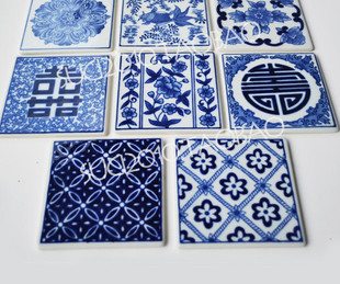 景德镇青花瓷杯垫高温手绘地中海瓷砖陶瓷片中式背景墙台面装饰贴