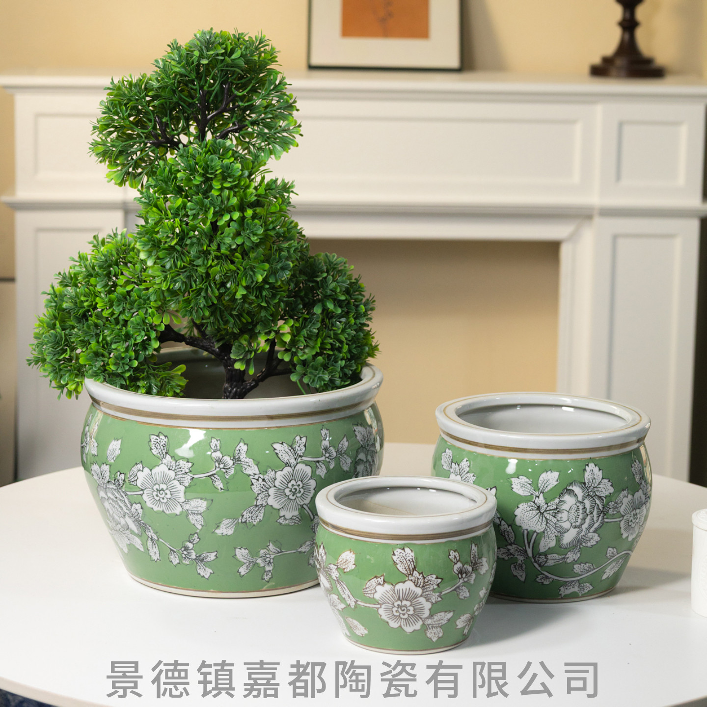 景德镇陶瓷花盆绿色花卉牡丹图案仿古八角高颜值家用水培盆栽