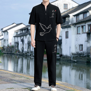 夏季棉麻休闲套装男中国风刺绣短袖t恤潮流宽松半袖一套YK513-P50图片