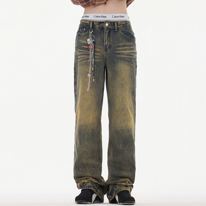 美式重工艺水洗复古牛仔裤显瘦春秋季宽松微喇裤子男女YD2128-P60,男装牛仔裤,星座509