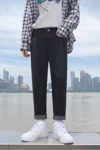 秋季牛仔裤男士潮牌宽松直筒网红九分长裤子男韩版潮流裤图片