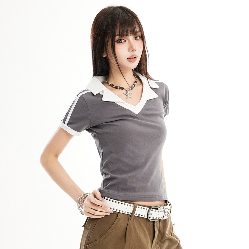 2026新款美式V领正肩短袖T恤女辣妹风修身收腰运动上衣YD263-P35,男装T恤,星座509