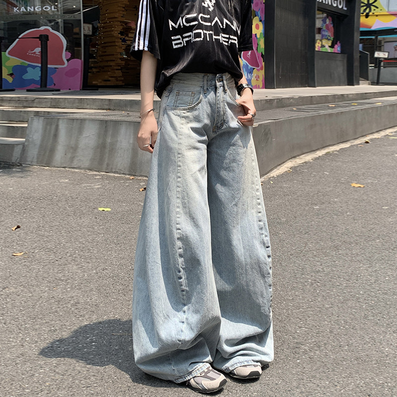 美式设计感秋季磨白拖地牛仔裤宽松阔腿长裤子直筒男女YD9012-P75,男装牛仔裤,星座509