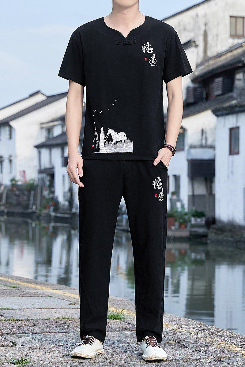 中国风男装夏季套装男潮流休闲棉麻短袖t恤男士唐装男装YK516-P50,男装T恤,星座509