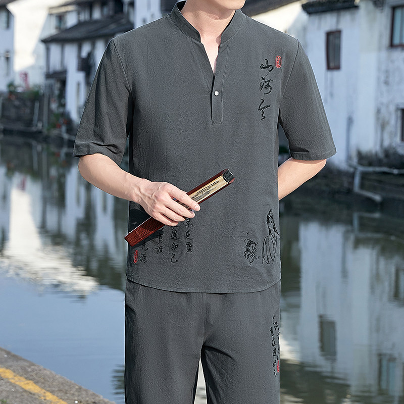 中国风棉麻短袖t恤套装男士汉服刺绣夏季两件套潮流唐装YK512-P50图片