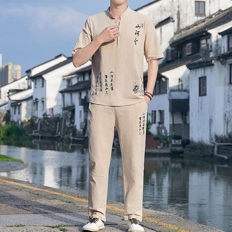 中国风套装男士夏季宽松大码棉麻短袖t恤古风唐装两件套YK512-P50图片