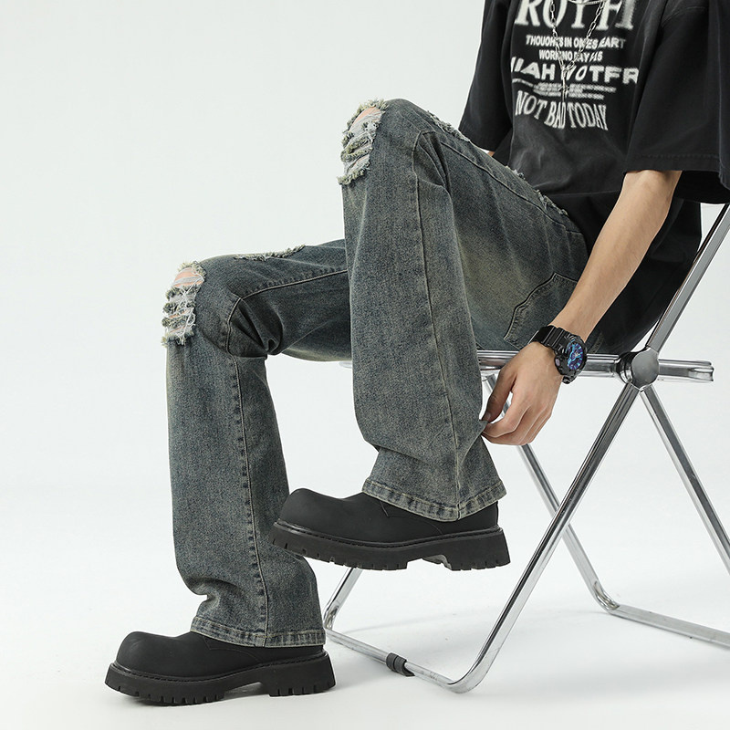 春秋美式破洞小直筒长裤高街弹力潮牌烟灰牛仔长裤男士YA113-P50，男装休闲裤，星座509