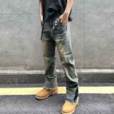 美式高街牛仔裤男夏季修身做旧拉链直筒裤痞帅微喇裤子YD88-P50，男装牛仔裤，星座509