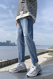 蓝色破洞牛仔裤秋天修身潮牌韩版潮流男士小脚九分裤子A897，男装牛仔裤，星座509