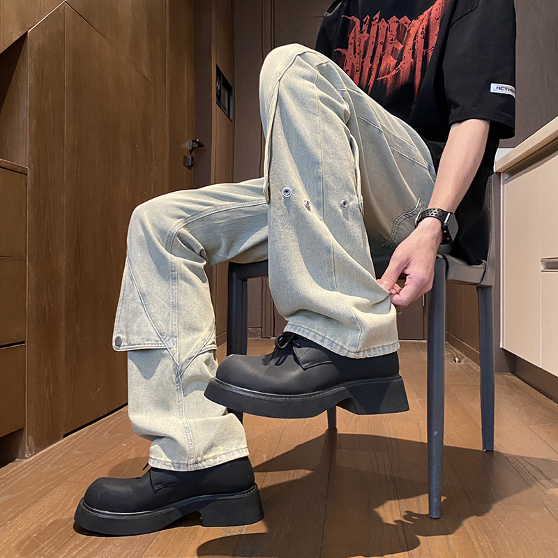 美式高街vibe风弯刀牛仔裤男款修身显瘦微喇裤提裆直筒裤YD86-P55,男装牛仔裤,星座509