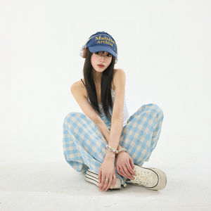 蓝色格子阔腿休闲裤女夏薄款高腰宽松垂感直筒拖地长裤YD9024-P60图片
