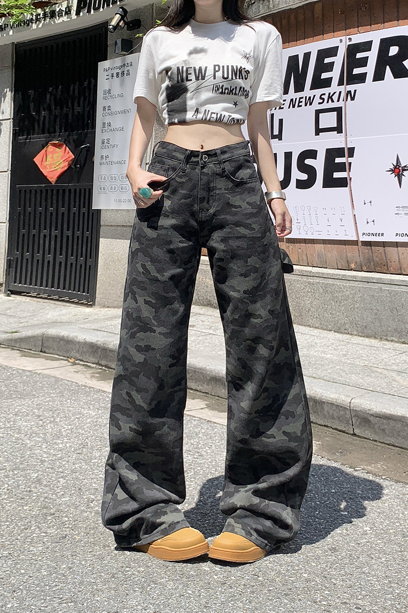 美式复古迷彩阔腿牛仔裤男女秋季新款宽松直筒拖地裤子YD6601-P45,男装牛仔裤,星座509