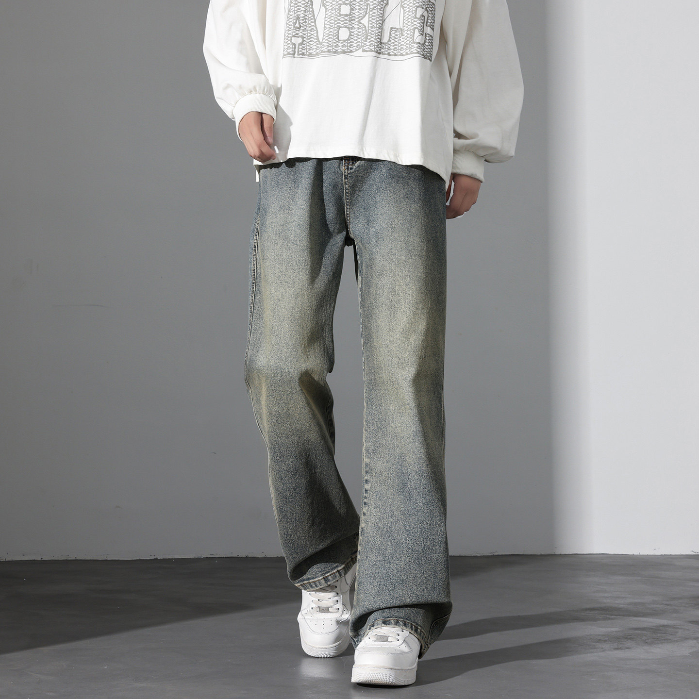 美式复古长裤男士宽松微喇叭直筒牛仔裤2026新款休闲裤J8065-P45，男装牛仔裤，星座509