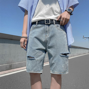 牛仔裤男2021新款宽松直筒裤子男夏季薄款破洞五分短裤YD211图片