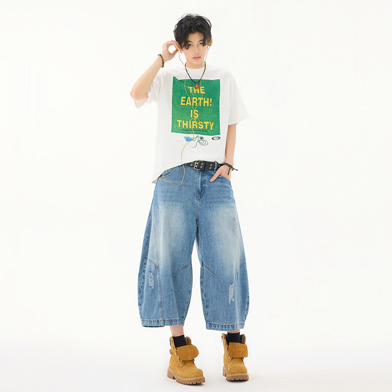 美式夏季刮烂破洞弯刀水洗牛仔裤男女宽松七分裤子潮流YD701-P65,男装牛仔裤,星座509