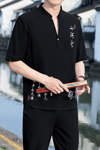 中国风套装男士夏季宽松大码棉麻短袖t恤古风唐装两件套YK512-P50图片