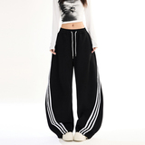 条纹抽绳黑色直筒弯刀休闲裤女松紧腰宽松显瘦阔腿裤子YD9096-P65，男装休闲裤，星座509