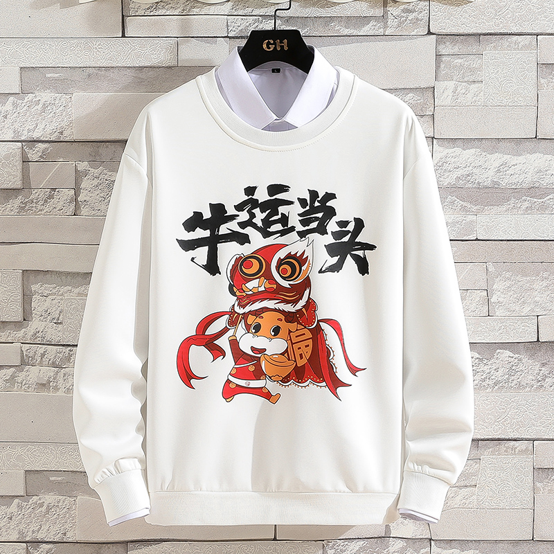 Men's long sleeve T-shirt leisure trend printed sweater spring round neck base coat men's top