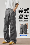 美式复古水洗做旧工装裤男生宽松直筒阔腿裤口袋伞兵裤YZ106-P60，男装工装外套，星座509