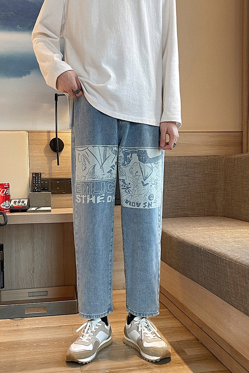 印花牛仔裤男青少年宽松直筒撞色抽绳裤港风休闲阔腿裤YZ998-P40,男装牛仔裤,星座509