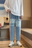 印花牛仔裤男青少年宽松直筒撞色抽绳裤港风休闲阔腿裤YZ998-P40，男装牛仔裤，星座509